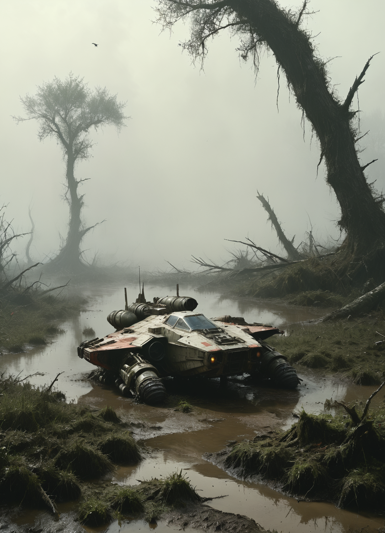 Dagoba,space fighter crashed in a swamp,side shot,master Yoda:,(forest,fog:1.5),8k,F2.8,RAW Photo,ultra detailed,real life,<lora:Desolation:0.5>,