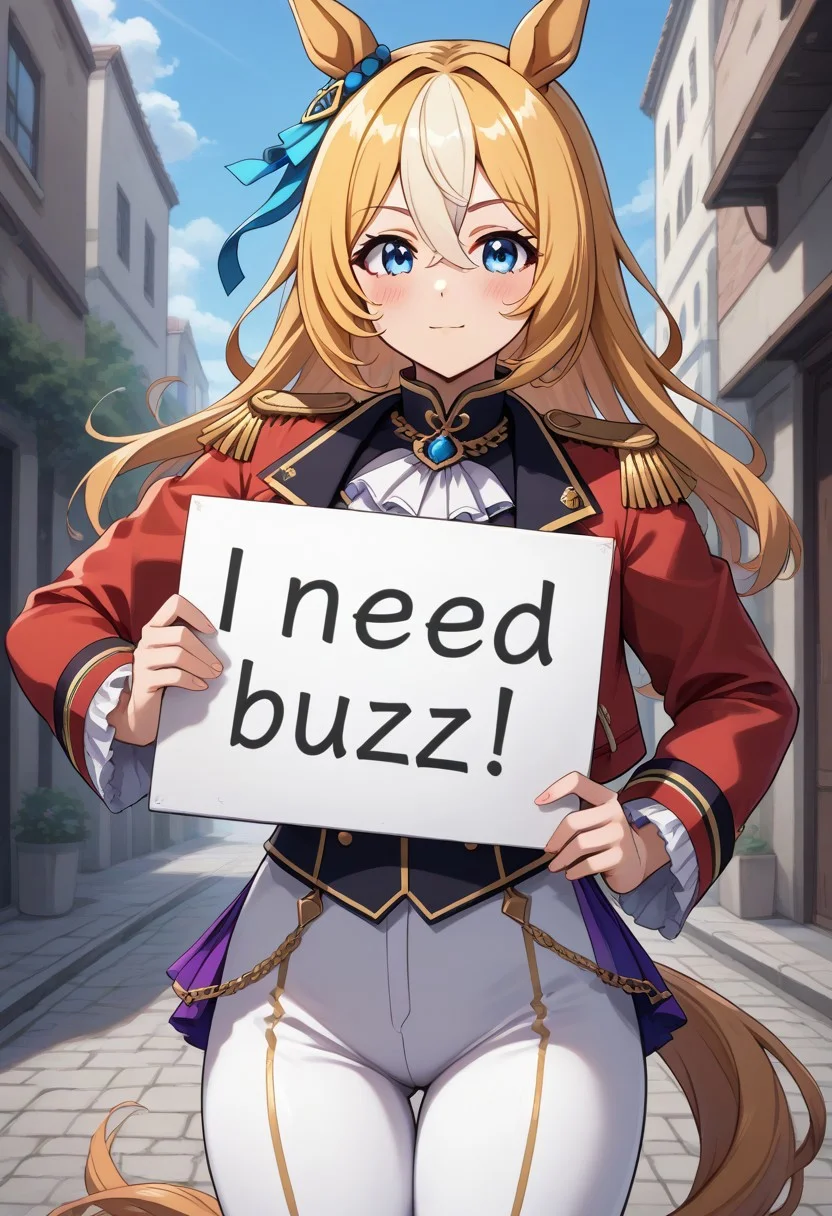 (umamusume, durandal_(umamusume), 
, need_buzz
, 
, 1girl, animal_ears, blonde_hair, blue_eyes, , holding sign)
, 
, 
, cowboy_shot, cropped_jacket, ear_covers, ear_ornament, epaulettes, frilled_bodysuit, frilled_sleeves, frills, hair_between_eyes, hand_on_own_hip, horse_ears, horse_girl, horse_tail, jacket, durandal (umamusume),  yellow_jacket, pants, epaulettes, cropped_jacket, red_jacket, horse_girl, ear_ornament, long_sleeves,frills
, long_hair, long_sleeves, looking_at_viewer, multicolored_hair, 
, orange_jacket, plump, 
, single_ear_cover, solo, streaked_hair, tail, thick_thighs, thighs, two-tone_hair, 
, slimes_skullwm
, white_hair, white_streaks