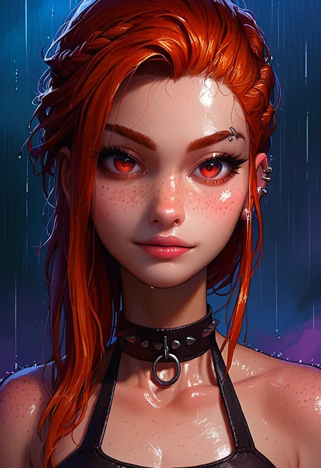 score_9, score_8_up, score_7_up, source_anime, solo, 1girl, 21 year old, detailed face, jawline, collarbone, collar, lustful eyes, smooth skin, freckles, beautiful eyes, cloth choker, red eyes, redhead, straight combed hair, plunging neckline, straight hair, neon background, raining, moonlight, close up, french braid, looking at viewer, piercings, crop top, toned abs,