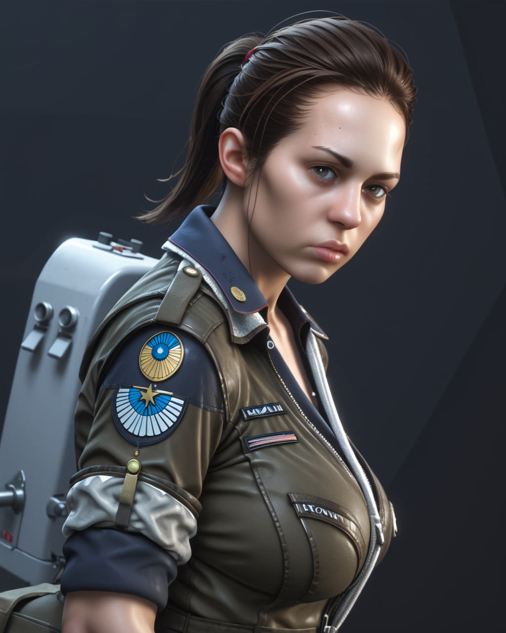 PonyScores7, source_anime, ah1, 1girl, long hair, (black hair), mature female, (curvy), caucasian, skindentation, thick thighs, wide hips, busty, voluptuous, lips, bad-hands-5, <lora:venus body PonyXL:0.6>, <lora:xl_more_art-full_v1:0.3>, <lora:shinyskin2:0.3> glistening skin, <lora:aesthetic_anime_v1s:0.3>, <lora:Expressive_H:0.3> Expressiveh, <lora:hairdetailpxl:0.3> hairdetailpxl, <lora:EpicF4nta5yXL:0.3>, <lora:detailxl:0.3> detailxl, <lora:Fant5yP0ny:0.3>, best quality, amazing quality, best aesthetic, absurdres, <lora:expressive eyes:0.3> expressive eyes, <lora:eyedetailpxl:0.3> eyedetailpxl, illustration, Volumetric_Lighting, ultra-detailed, very aesthetic, intricate details, 8k, masterpiece, best_quality, (A face with a deep frown and furrowed brows, showing intense sadness and disappointment), (Eye-level angle (from the side) view medium Close shot (focus on knees)), (Vulcan Salute), <lora:Eyes_High_Definition:0.3> EyesHD, looking at viewer,  Stable_Yogis_PDXL_Positives, AS-Adult,  <lora:AmandaAlien:0.8> Amanda_Ripley, black hair, ponytail, jacket, uniform, military