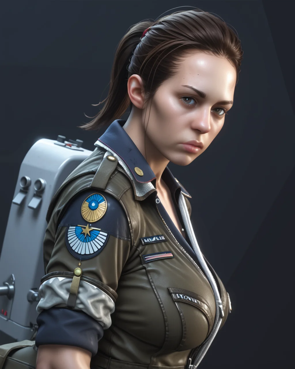 PonyScores7, source_anime, ah1, 1girl, long hair, (black hair), mature female, (curvy), caucasian, skindentation, thick thighs, wide hips, busty, voluptuous, lips, bad-hands-5, <lora:venus body PonyXL:0.6>, <lora:xl_more_art-full_v1:0.3>, <lora:shinyskin2:0.3> glistening skin, <lora:aesthetic_anime_v1s:0.3>, <lora:Expressive_H:0.3> Expressiveh, <lora:hairdetailpxl:0.3> hairdetailpxl, <lora:EpicF4nta5yXL:0.3>, <lora:detailxl:0.3> detailxl, <lora:Fant5yP0ny:0.3>, best quality, amazing quality, best aesthetic, absurdres, <lora:expressive eyes:0.3> expressive eyes, <lora:eyedetailpxl:0.3> eyedetailpxl, illustration, Volumetric_Lighting, ultra-detailed, very aesthetic, intricate details, 8k, masterpiece, best_quality, (A face with a deep frown and furrowed brows, showing intense sadness and disappointment), (Eye-level angle (from the side) view medium Close shot (focus on knees)), (Vulcan Salute), <lora:Eyes_High_Definition:0.3> EyesHD, looking at viewer, Stable_Yogis_PDXL_Positives, AS-Adult, <lora:AmandaAlien:0.8> Amanda_Ripley, black hair, ponytail, jacket, uniform, military