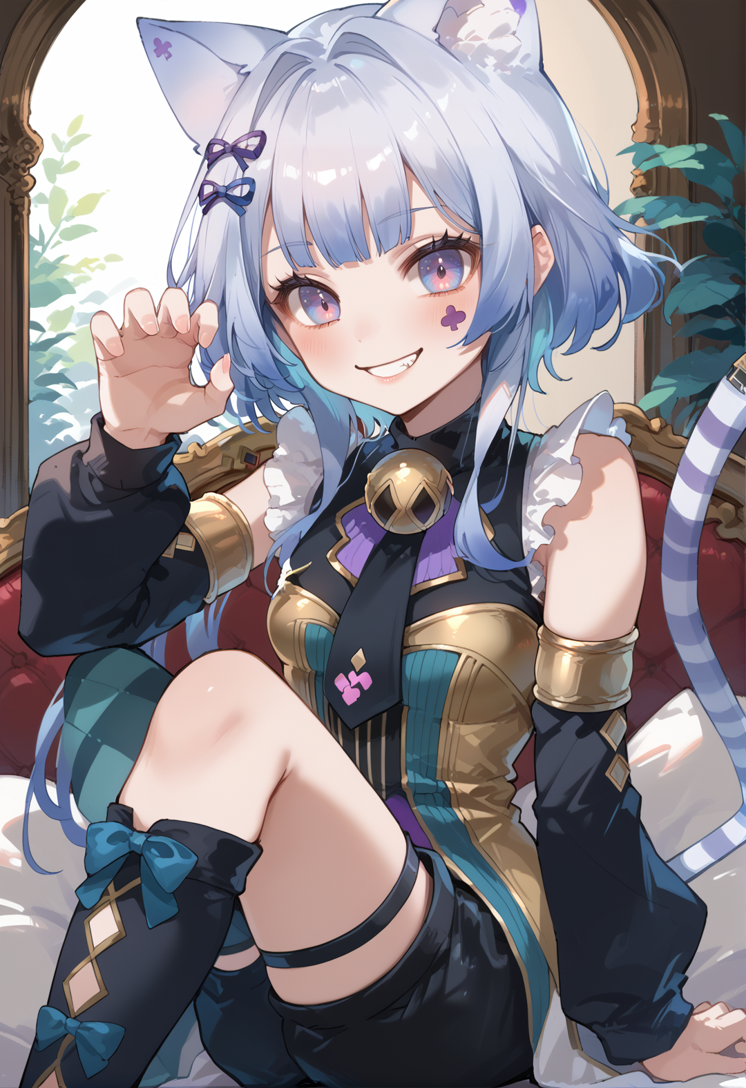 (score_9:0.9),score_8_up,score_7_up,rating_safe,anime_style,(zPDXL),(zPDXL3),((solo)),<lora:MALICE Pawn Cheshire Cat ponyXL v1.31:0.75>,mâlice pawn cheshire cat,1girl,solo,claw pose,cat ears,smile,looking at viewer,detached sleeves,black shorts,neck bell,asymmetrical legwear,argyle,sitting,facial mark,thigh strap,cat girl,black dress,