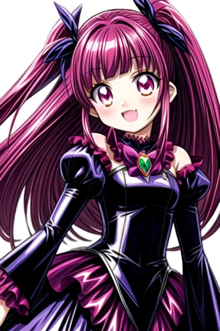 Bad_End_Precure, DarkPrecure, corrupted princess wearing dark pastel (ruffled:1) (gleaming latex:1) gown with (latex vampire cloak:1) and (long frilly wide sleeves), soft lighting, ruffles, (cute little fang:1)
(vmpr:1),
<lora:more_details:1>,