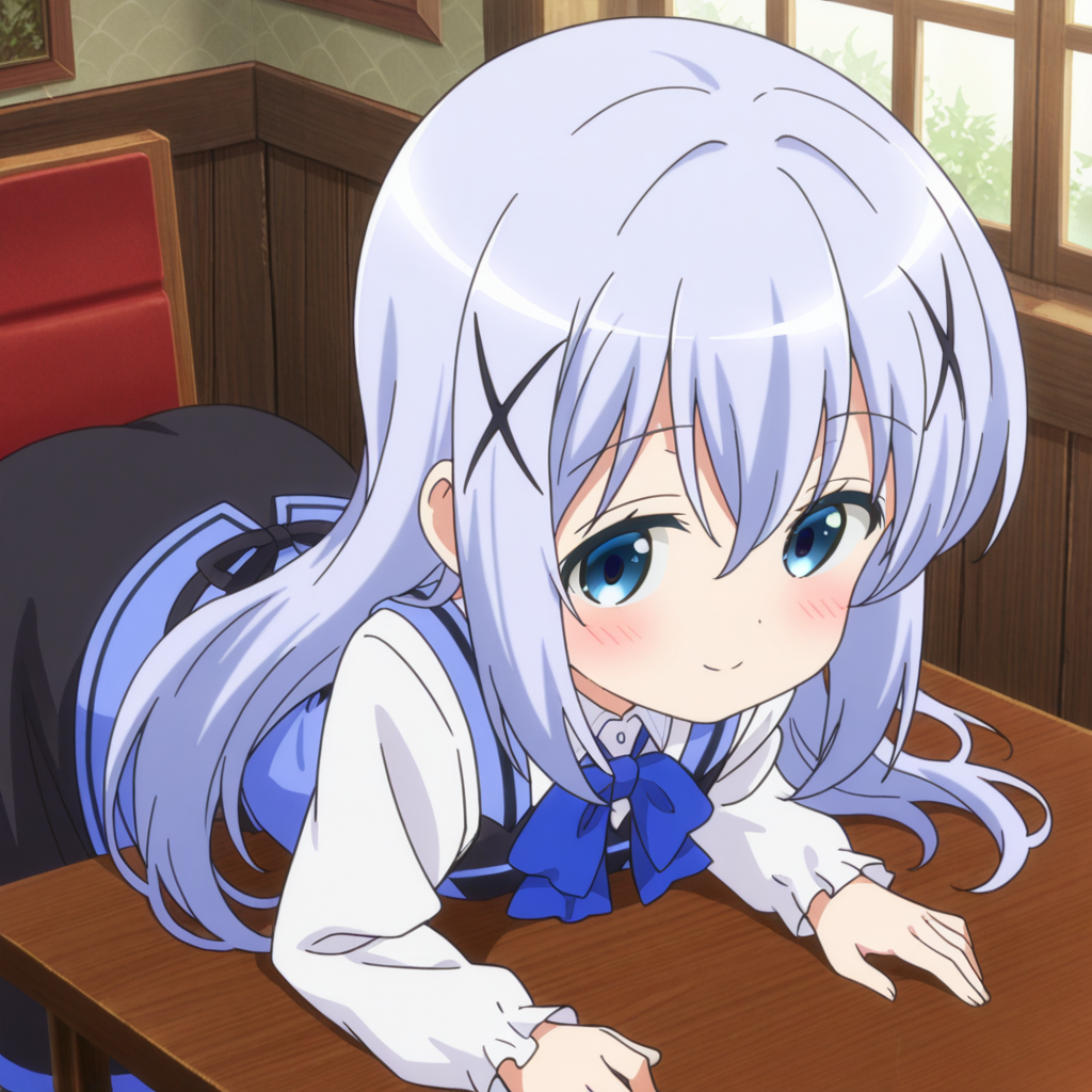 nsfw, masterpiece, best quality, amazing quality,1girl, solo, is_the_order_a_rabbit_chino_kafu, lying down, on table, smile, x hair ornament, blue eyes, hair ornament, long hair, rabbit house uniform, blue vest, blue hair, long sleeves, white shirt, closed mouth, bangs, vest, blush, waitress, indoors, table, very long hair, skirt, hair between eyes, <lora:Chino_Kafu_-_Is_the_Order_a_Rabbit:0.7>