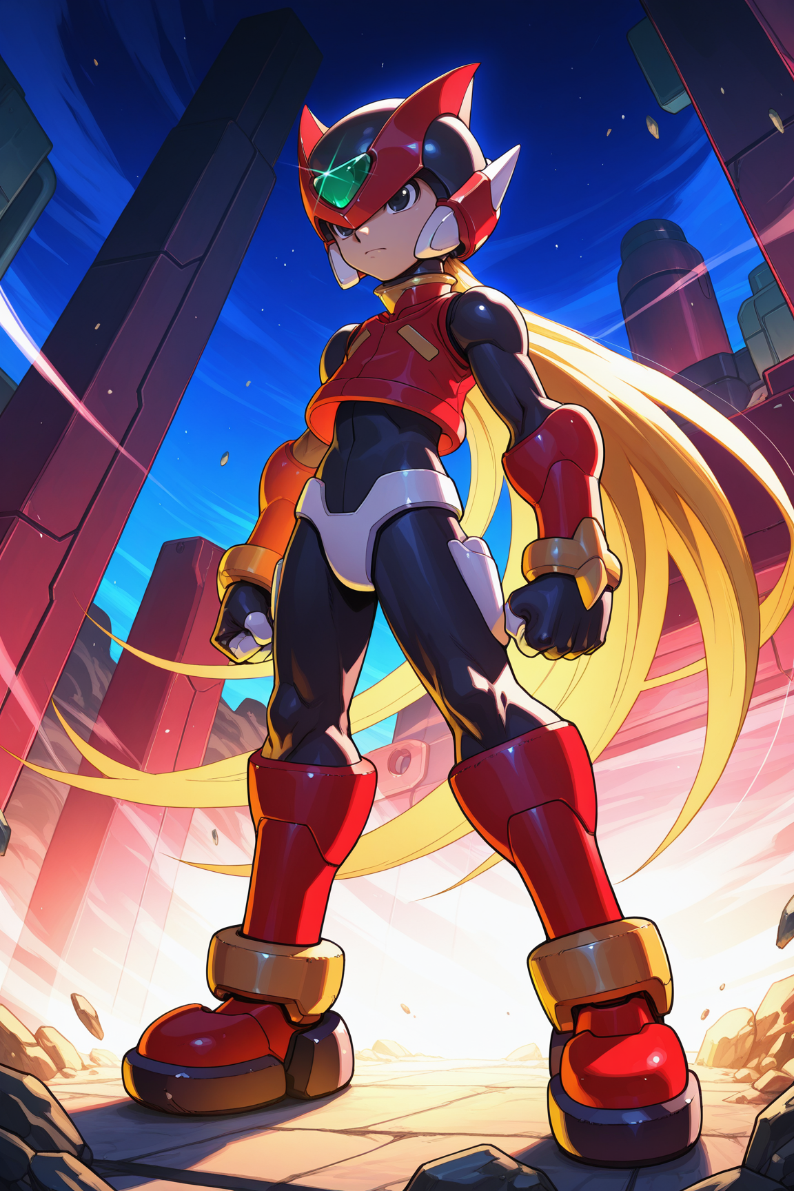 (high quality:1.1), detailed face, rockman_zero, solo, long hair, blonde hair, black eyes, gloves, 1boy, very long hair, closed mouth, standing, full body, male focus, bodysuit, helmet, android, black bodysuit, green forehead jewel, red armored boots, red armored gloves, red headgear, red vest <lora:megaman_zero_final-14:1>