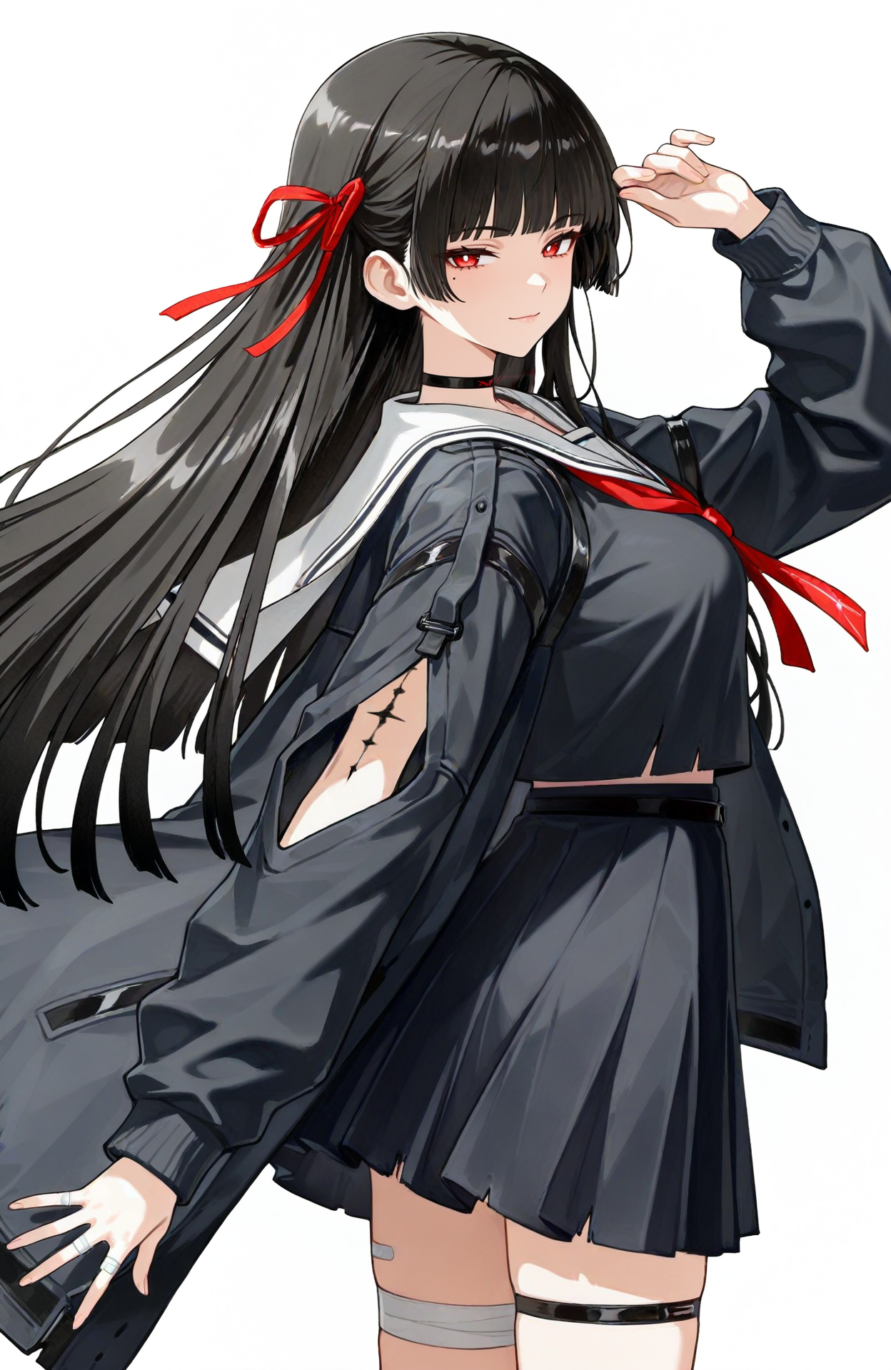 (1girl,solo:1.3),(black hair,straight_hair,white_pupils,mole under eye,mole,red eyes,long hair,large_breasts,light smile),half-closed eyes,cowboy shot,black_serafuku,black choker,red light on choker,white sailor_collar,red_ribbon,hair_ribbon,(tacet_mark_\(wuthering_waves\),body_markings,mark on arm,looking_at_viewer,facing_viewer:1.2),single thigh strap,grey jacket,bandaged_fingers,white bandaid,arm_cutout,torn clothes,bandaid_on_leg,

(white_background,simple_background:1.4)