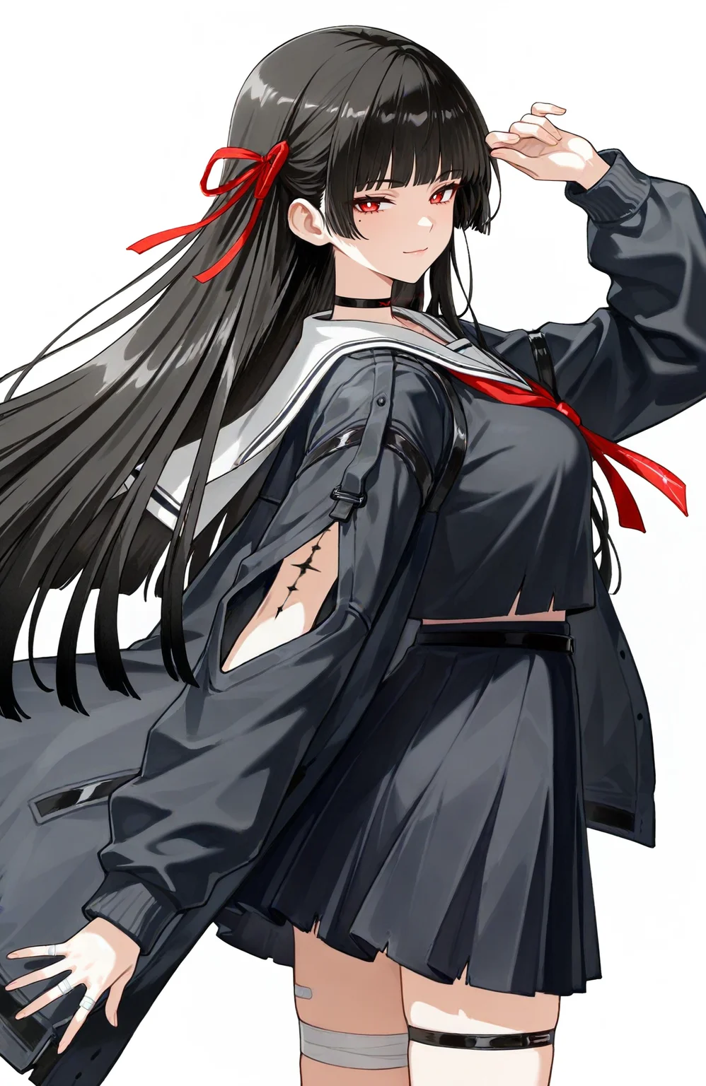 (1girl,solo:1.3),(black hair,straight_hair,white_pupils,mole under eye,mole,red eyes,long hair,large_breasts,light smile),half-closed eyes,cowboy shot,black_serafuku,black choker,red light on choker,white sailor_collar,red_ribbon,hair_ribbon,(tacet_mark_\(wuthering_waves\),body_markings,mark on arm,looking_at_viewer,facing_viewer:1.2),single thigh strap,grey jacket,bandaged_fingers,white bandaid,arm_cutout,torn clothes,bandaid_on_leg,
(white_background,simple_background:1.4)