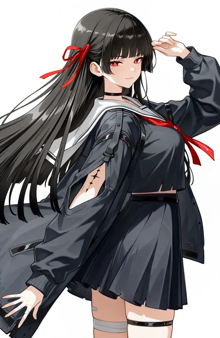 (1girl,solo:1.3),(black hair,straight_hair,white_pupils,mole under eye,mole,red eyes,long hair,large_breasts,light smile),half-closed eyes,cowboy shot,black_serafuku,black choker,red light on choker,white sailor_collar,red_ribbon,hair_ribbon,(tacet_mark_\(wuthering_waves\),body_markings,mark on arm,looking_at_viewer,facing_viewer:1.2),single thigh strap,grey jacket,bandaged_fingers,white bandaid,arm_cutout,torn clothes,bandaid_on_leg,
(white_background,simple_background:1.4)