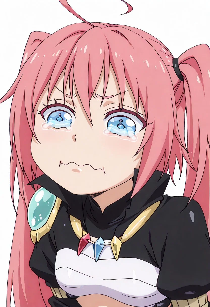 masterpiece, best quality, amazing quality, milim,1girl, pink hair, twintails,very long hair, small breasts,ahoge,blue eyes, anime screencap, <lora:aqua-about-to-cry-illustriousxl-lora-nochekaiser:1> crying aqua, crying aqua (meme), crying, tearing up, tears, wavy mouth,, , <lora:transparent-background-illustriousxl-lora-nochekaiser:1>, transparent background, simple background, white background, face focus,