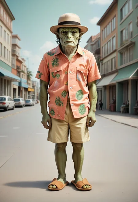 score_9,score_8_up,score_7_up, SurrealWorld, surreal, Wes Anderson style, green alien tourist in a city, hawaiian shirt, shorts, slippers, fedora