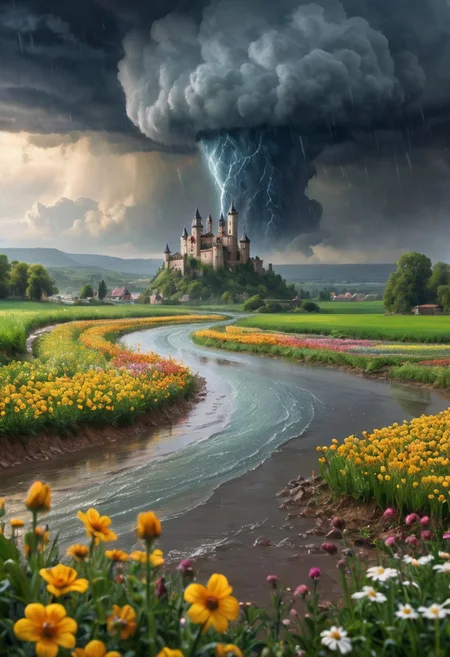 oil matte art, calm relaxing scenery, river, DarkFantasy, panoramic view, rain, wet, castle on the cliff, drastic contrast, flower field, crystal clear, huge tornado in the background, bokeh, OverallDetail,
extremely detailed, UHD,(long exposure )