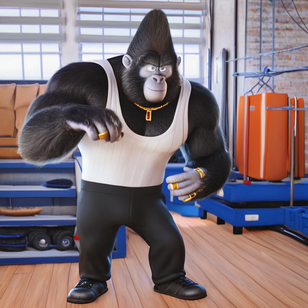 big daddy(sing), bara, mature male, gorilla, smile, (pose:1.3), (posing:1.3), (soft shading), 4k, hi res, five fingers, detailed hands, ((detailed face, (detailed eyes:1.0), detailed)), (full body), by zackarry911, by zaush, (by personalami:0.5), gym, tank top, shorts, jewelry, ring, white tank top, big daddy, gorilla, furry male, male, colored skin, fangs, blue eyes, anthro, muscular, wide shoulders, mechanic shop interior, garage, CGI scene, zy_animation,