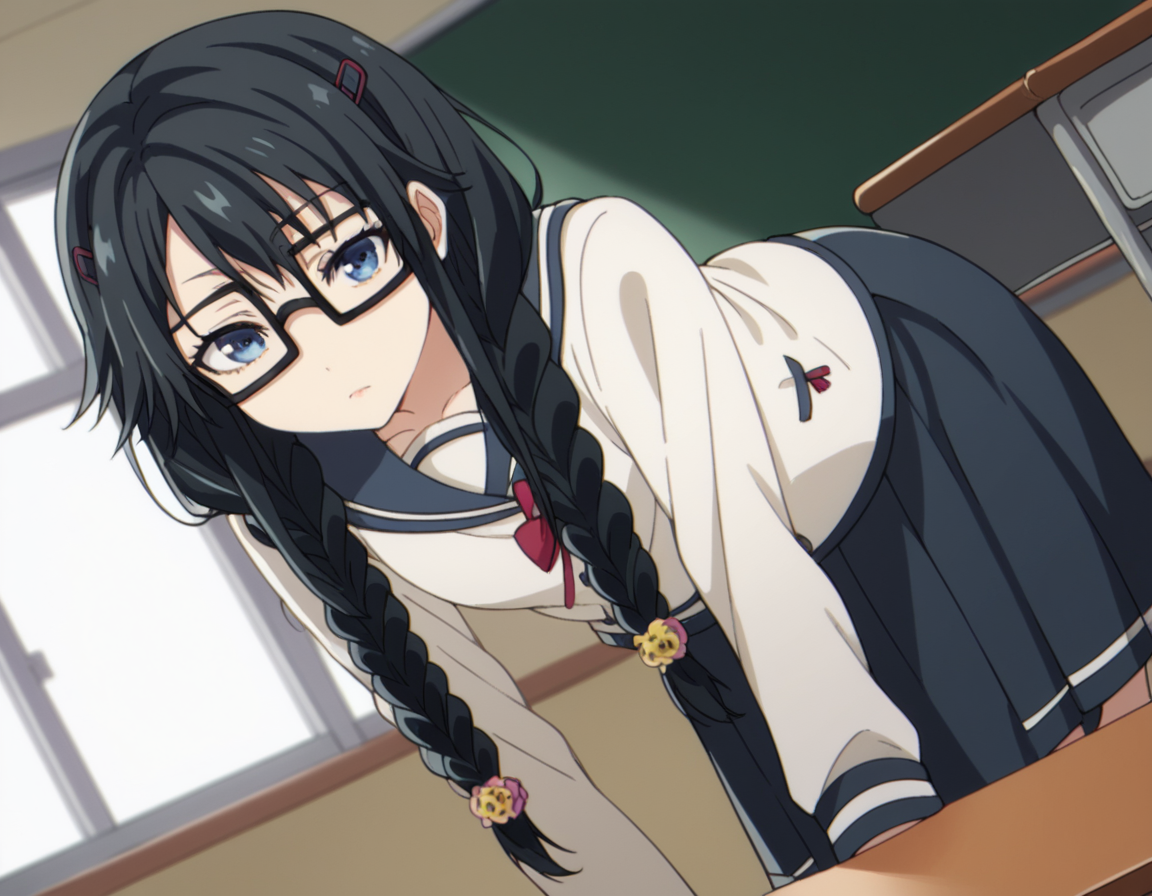 score_9, score_8_up, score_7_up, source_anime,
sumirekosanshokuin, <lora:sumireko-sanshokuin-s1-ponyxl-lora-nochekaiser:1>
sumireko sanshokuin, long hair, black hair, blue eyes,
hair ornament, braid, glasses, twin braids, black-framed eyewear, skirt, hair ornament, school uniform, serafuku, black skirt, long skirt,
indoors, classroom, bent over,
looking at viewer, cowboy shot, dutch angle, solo,