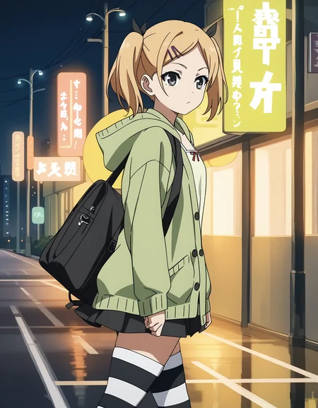 score_9, score_8_up, score_7_up, <lora:Yano_Erika:0.7> yano erika,grey eyes,twintails,hair clip
green cardigan,hoodie,white camisole,skirt,black and white striped thighhighs
1girl, solo, walking, from side, looking at phone, glowing, cityscape, city lights, night