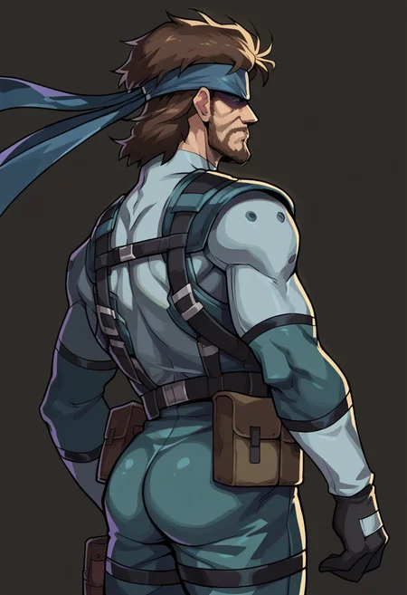 score_9, score_8_up, score_7_up, BREAK <lora:hades-guy-PONYv1:1>, shadow, portrait, 1boy, solo, <lora:solidsnake-pdxl-nvwls-v1:0.9> solidsnake, brown hair, beard, facial hair, headband, blue bodysuit, gloves, harness, belt pouch, shaded face, dark background, from behind, ass, from side,
