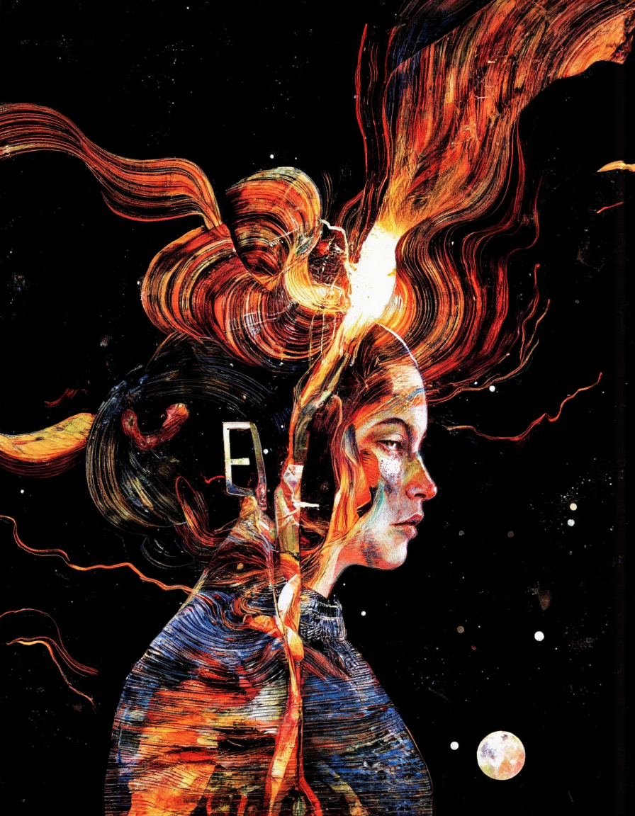 Art by Eli Minaya.
A highly detailed digital illustration.
Light Trails art by Aaron Siskind and Farah Mahbub of a person with head replaced by an corrupted digital glitch effect, Completely The world of the Lord of the Rings, pure black, detailed, aesthetic of land art with evolving atmosphere, procedural sky, crisp details, iconoclastic supreme masterpiece with high-quality details, amber and crimson colors, silhouette dazzling light, enigmatic andmenacing and overwhelming atmosphere, raw details, complete sharpness, blurred background.