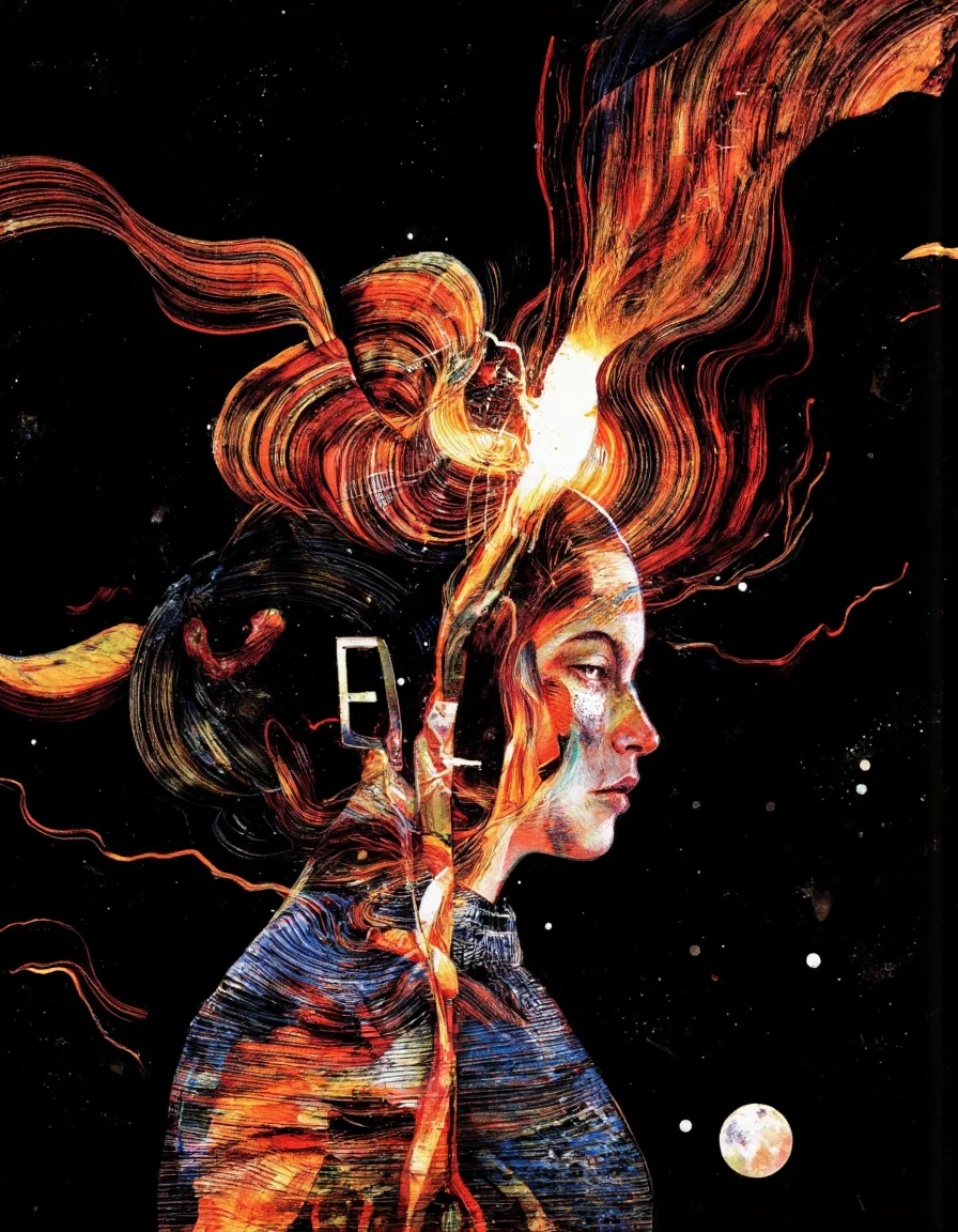 Art by Eli Minaya.
A highly detailed digital illustration.
Light Trails art by Aaron Siskind and Farah Mahbub of a person with head replaced by an corrupted digital glitch effect, Completely The world of the Lord of the Rings, pure black, detailed, aesthetic of land art with evolving atmosphere, procedural sky, crisp details, iconoclastic supreme masterpiece with high-quality details, amber and crimson colors, silhouette dazzling light, enigmatic andmenacing and overwhelming atmosphere, raw details, complete sharpness, blurred background.