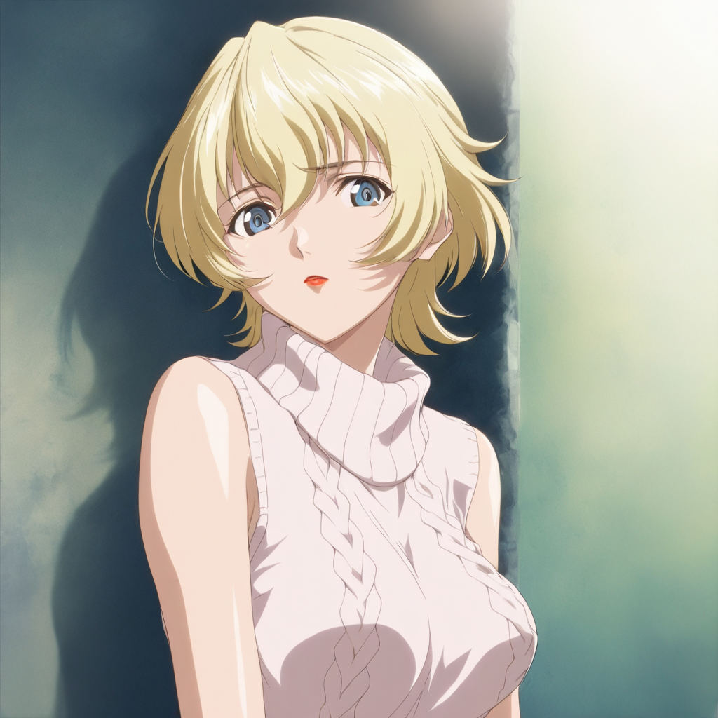 masterpiece,1girl,solo,looking at viewer,turtleneck,sleeveless,sweater,<lora:Youuka_Konishi ag4o v1:1> youuka_konishi, blonde hair, short hair, blue eyes, lipstick,