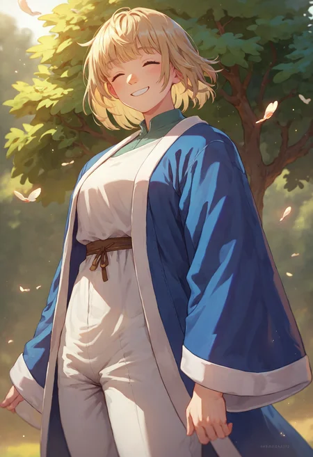 score_9_up score_8_up score_7_up, 1girl falin, blue jacket shirt robe white pants wide sleeves, closed eyes, smile
<lora:falin_marcille_pony_d16:1>