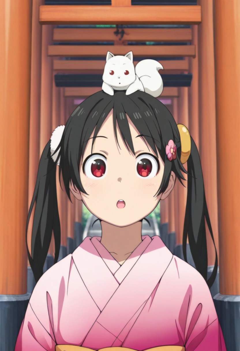 masterpiece,best quality,amazing quality, fushimi inari, black hair, red eyes, long hair, 1girl, japanese clothes, twintails, solo, kimono, hair ornament, animal on head, on head, pink kimono, :o