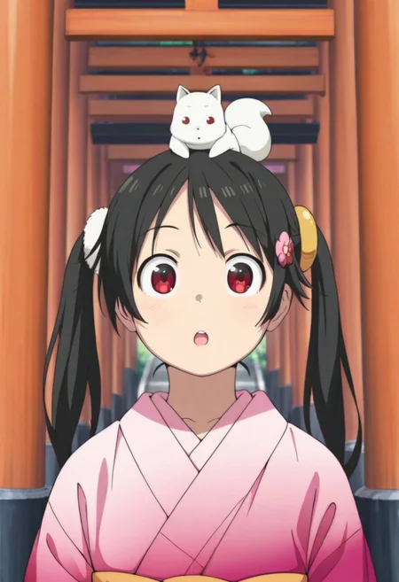 masterpiece,best quality,amazing quality, fushimi inari, black hair, red eyes, long hair, 1girl, japanese clothes, twintails, solo, kimono, hair ornament, animal on head, on head, pink kimono, :o