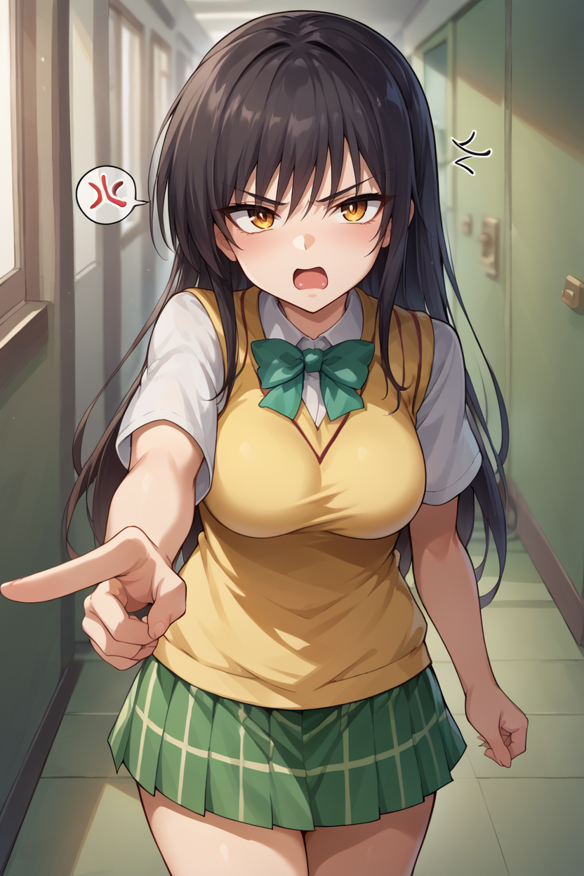 score_9, score_8_up, source_anime, BREAK 1girl <lora:kotegawayui-pdxl-nvwls-v1:1> kotegawayui, long hair, yellow sweater vest, white shirt, short sleeves, green bowtie, plaid miniskirt, green miniskirt, looking at viewer, annoyed, open mouth, pointing at you, spoken anger vein, hallway