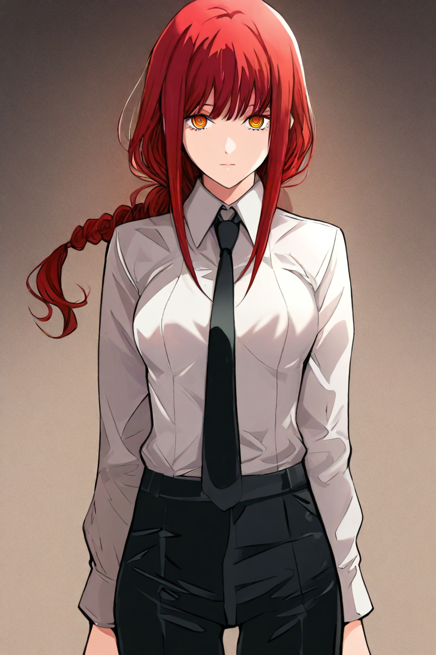 <lora:mak1ma0XL_Pony_v1:0.6> , mak1ma0, (makima:0.5), red hair, long hair, ringed eyes, braid, white collared shirt,black necktie, black pants, 1girl, solo, alone, <lora:oh_great_style_illustriousXL:1>, oh_great_style, masterpiece, highres