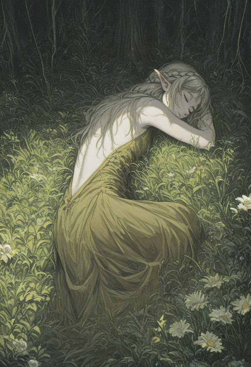 score_9, score_8_up, score_7_up, solo,Forest nymph, pale skin,Long red braid, Deciduous diodema, Pointed ears,Closed eyes,Natural beauty, jewelry on arms, dramatic lighting, Sleeping on the grass, curled up,White and yellow dress, Redwood Forest, Wildflower Meadow, Morning Dawn, skinny, xenotr1p