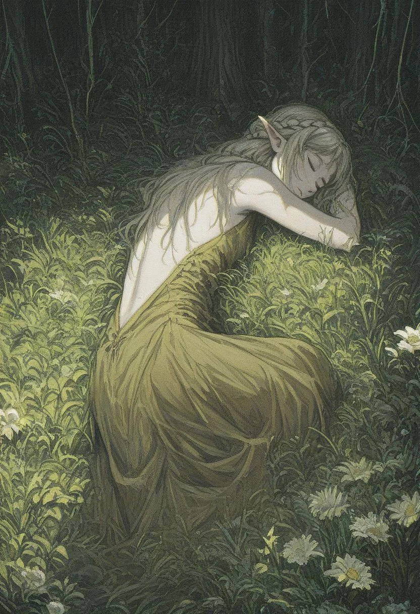 score_9, score_8_up, score_7_up, solo,Forest nymph, pale skin,Long red braid, Deciduous diodema, Pointed ears,Closed eyes,Natural beauty, jewelry on arms, dramatic lighting, Sleeping on the grass, curled up,White and yellow dress, Redwood Forest, Wildflower Meadow, Morning Dawn, skinny, xenotr1p