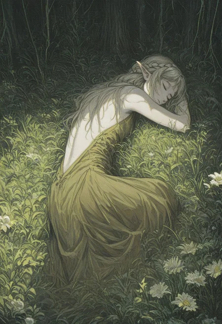 score_9, score_8_up, score_7_up, solo,Forest nymph, pale skin,Long red braid, Deciduous diodema, Pointed ears,Closed eyes,Natural beauty, jewelry on arms, dramatic lighting, Sleeping on the grass, curled up,White and yellow dress, Redwood Forest, Wildflower Meadow, Morning Dawn, skinny, xenotr1p