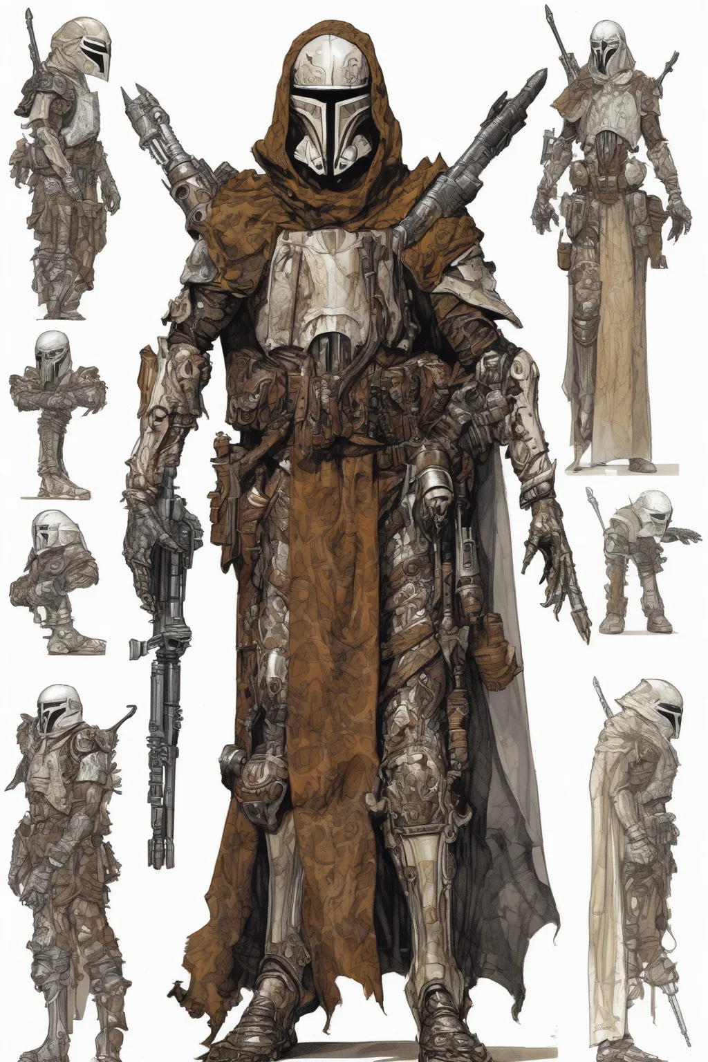John Blanche Style - Character design with 4 arms, character boards, white background, medevial Sith Bounty Hunter, armored, hyperdetailed,