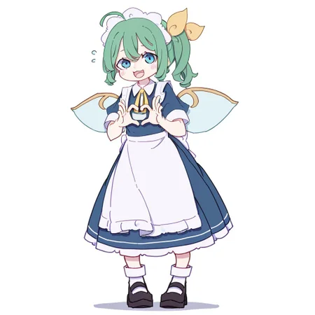 masterpiece, best quality, very aesthetic, absurdres, artist:kame \(kamepan44231\), by kame, kame_official, 1girl, Daiyousei, :D, ahoge, alternate costume, apron, black shoes, blue dress, blue eyes, blush, dress, enmaided, fairy wings, flying sweatdrops, frilled apron, frilled dress, frills, full body, green hair, hair between eyes, hair ribbon, hands up, heart hands, long hair, looking at viewer, maid headdress, neck ribbon, puffy short sleeves, ribbon, shoes, side ponytail, simple background, solo, standing, waist apron, white apron, white background, wings