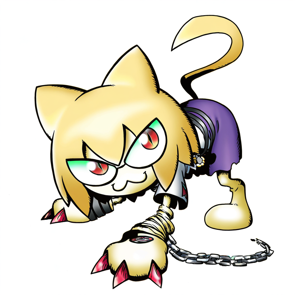 highres, best quality, masterpiece, very aesthetic, newest,DRBStyle, <lora:DigimonReferenceBookIllusV2:0.95>,digimon \(creature\),solo,cat,no humans,neco-arc,necoarc,blonde hair,cat ears,red eyes,slit pupils,:3,belts,skirt,t-shirt,claws,cat ears,cat tail,all fours,chain,shackles,white background,full body