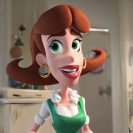 animated, Judy neutron, green eyes, green dress, hoop earrings, white apron, beautiful face, large breasts, cleavage, plump lips, lipstick, [by DarkEffect]