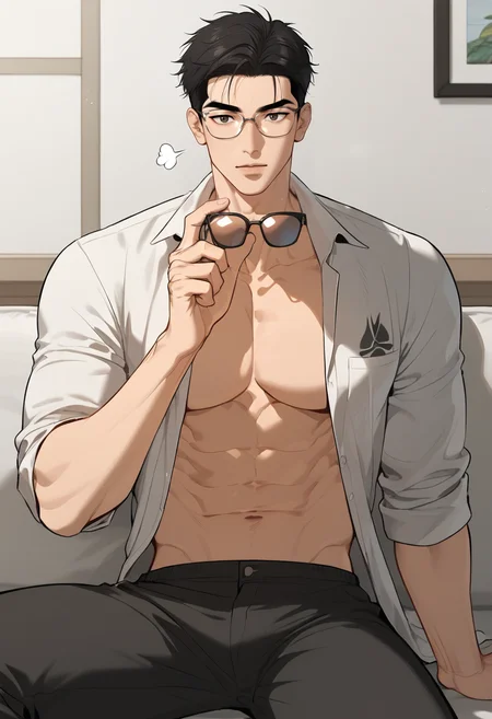 score_9,score_8_up,score_7_up,1boy,solo,yaoi,bara,male focus,fairly nsfw,uncersored,highres,best quality,amazing quality,best aesthetic,absurdres,<lora:add-detail-xl:1>,<lora:Expressive_H:1>,Expressiveh,<lora:jaekung:0.6>,jaekung,white shirt,open clothes,looking at viewer,sitting,adjusting_eyewear,glasses