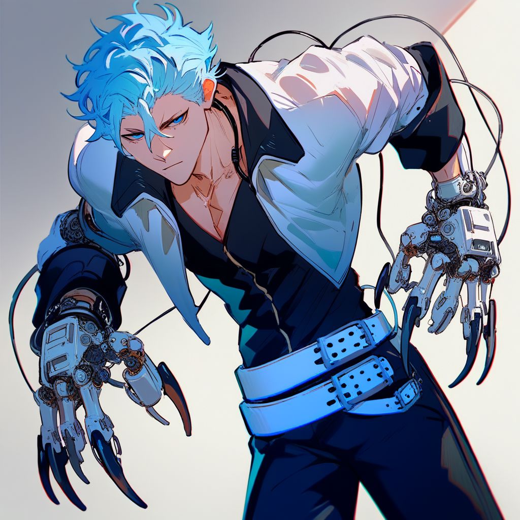 Grimmjow, blue hair, blue eyes, white crop jacket, black shirt, black pants, white belt, score_9, score_8_up, score_7_up, source_anime, reelmech, mechanical parts, cable, wires, machinery, joints, body suit, mechanical panther, mechanical claws, long claws