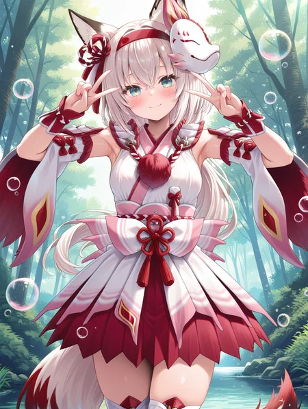 mizutsune gunner armor,1girl,sidelocks,fox girl,fox ears,fox tail,solo,standing,hair between eyes,looking at viewer,armpits,green eyes,white hair,long hair,blush,smile,double v,blue eyes,pink hairband,white kimono dress,pink sash bow,white detached sleeves,white vambraces,white thigh boots,bubble, forest
masterpiece,best quality,amazing quality,very aesthetic,absurdres,newest,<lora:Mizutsune Armor Beta illuXL v1:0.95>,