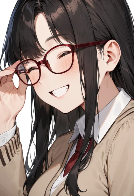 masterpiece, best quality, very aesthetic, absurdres,
1girl, solo, black hair, long hair,
Wellington22A, glasses, red-framed eyewear,
collared shirt, happy, smile, looking at another, adjusting eyewear, white background, simple background,
<lora:glasses_Wellington_cellframe1_SDXL_V1:0.8>