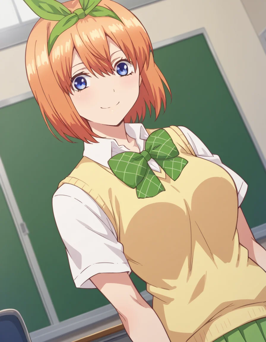 score_9, score_8_up, score_7_up, source_anime,
yotsubanakano, <lora:yotsuba-nakano-s1-ponyxl-lora-nochekaiser:1>,
yotsuba nakano, bangs, short hair, blue eyes, hair between eyes, hair ribbon, hairband, orange hair, green ribbon, mature female,
skirt, shirt, bow, ribbon, school uniform, white shirt, short sleeves, pleated skirt, collared shirt, miniskirt, bowtie, kneehighs, green skirt, green bow, sweater vest, green ribbon, yellow sweater vest,
indoors, classroom, smile,
looking at viewer, cowboy shot, dutch angle, solo,
