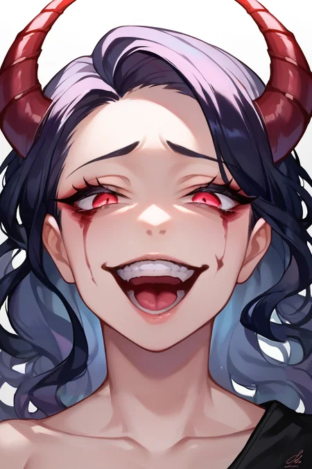 zPDXL, <lora:Concept_Gesugao:1>, 1girl, gesugao, parted lips, evil smile,face focus, open mouth,