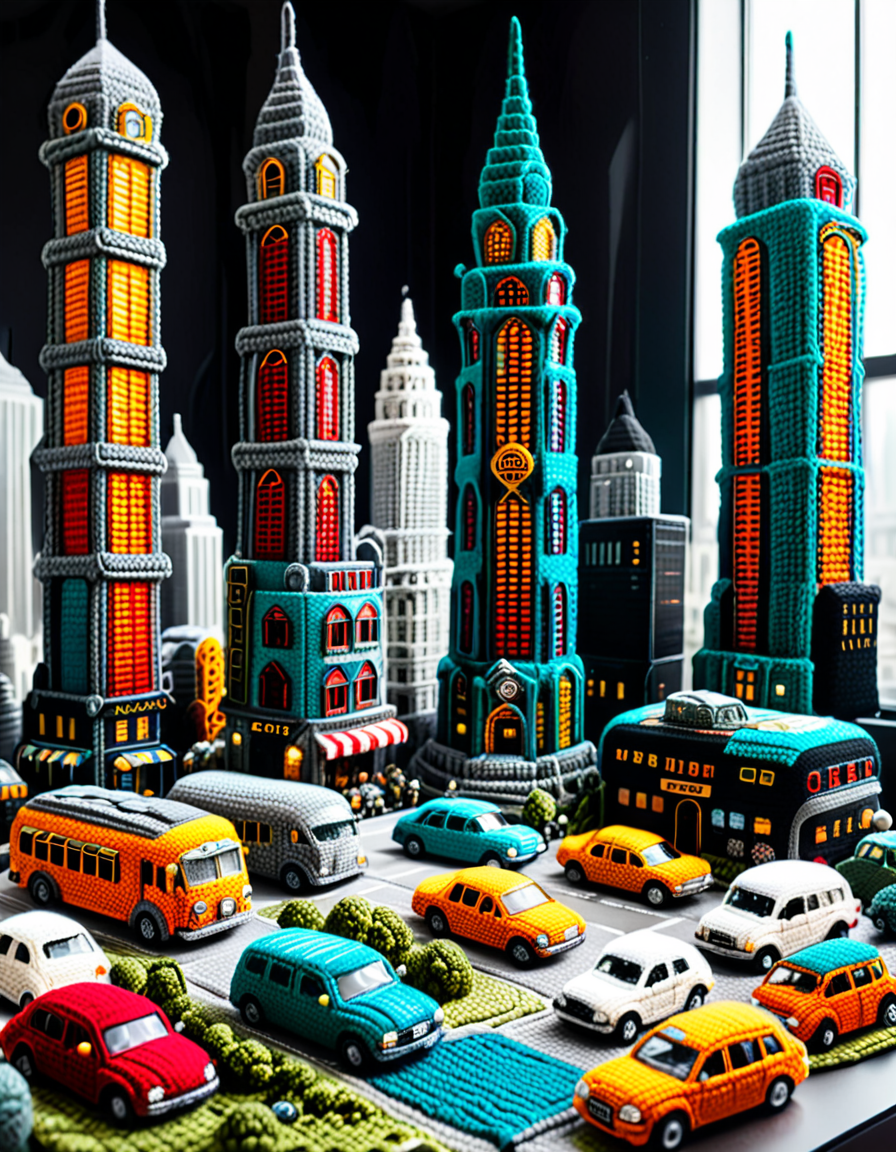 A post-apocalyptic city entirely crocheted, with skyscrapers unraveling and loose threads cascading down; vehicles and characters crocheted in mid-collapse; a melting crochet sky; intricate, textured details; surreal and haunting; symbolic of human fragility; a mix of awe and dread. <lora:SDXLFaeTastic2400:0.4> <lora:extremely_detailed:0.4> extremely detailed, <lora:cr0ch3t3d:1>,cr0ch3t3d, Masterpiece,best quality,hi res,8k,hi res,8k,award winning,(sharp focus, intricate, highly detailed),