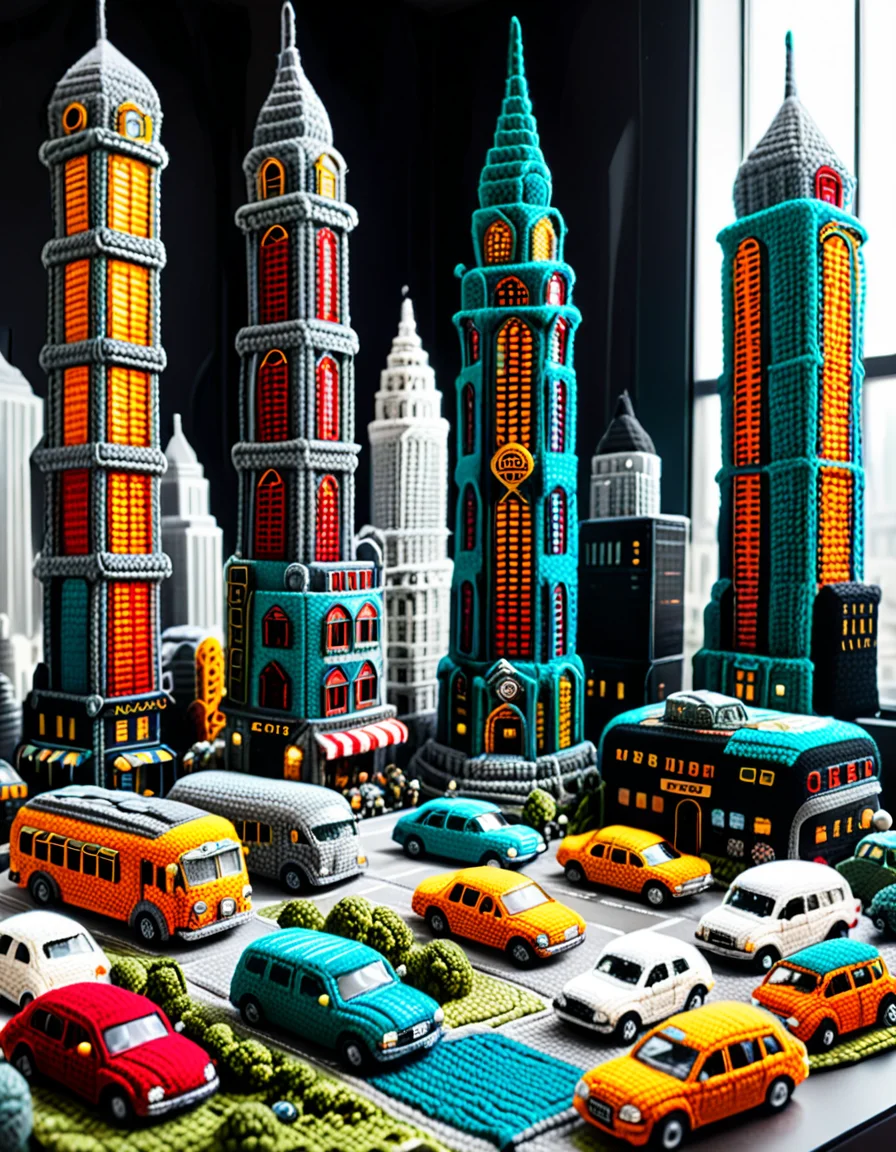 A post-apocalyptic city entirely crocheted, with skyscrapers unraveling and loose threads cascading down; vehicles and characters crocheted in mid-collapse; a melting crochet sky; intricate, textured details; surreal and haunting; symbolic of human fragility; a mix of awe and dread. <lora:SDXLFaeTastic2400:0.4> <lora:extremely_detailed:0.4> extremely detailed, <lora:cr0ch3t3d:1>,cr0ch3t3d, Masterpiece,best quality,hi res,8k,hi res,8k,award winning,(sharp focus, intricate, highly detailed),