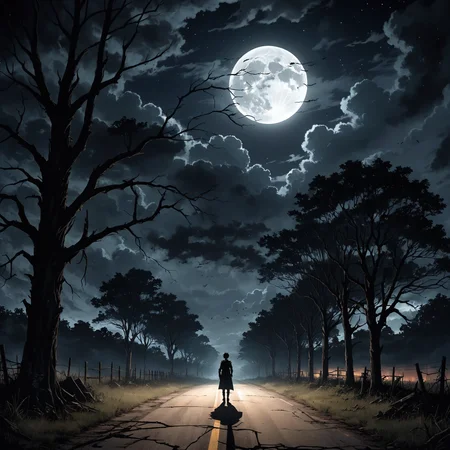 2D anime style, anime screencap, abandoned road at night, enveloped in a dark, foreboding atmosphere. The background features tall, dead trees on either side, their leafless branches silhouetted against a pitch-black sky. The road is cracked and overgrown with weeds, with an old, rusted sign barely visible in the shadows. A full moon peeks through the clouds, casting an eerie, pale light. In the distance, a shadowy figure stands, its eyes glowing faintly. High detail and complexity, dark colors, dynamic lighting, extremely exaggerated and chilling background, ominous atmosphere, scary details