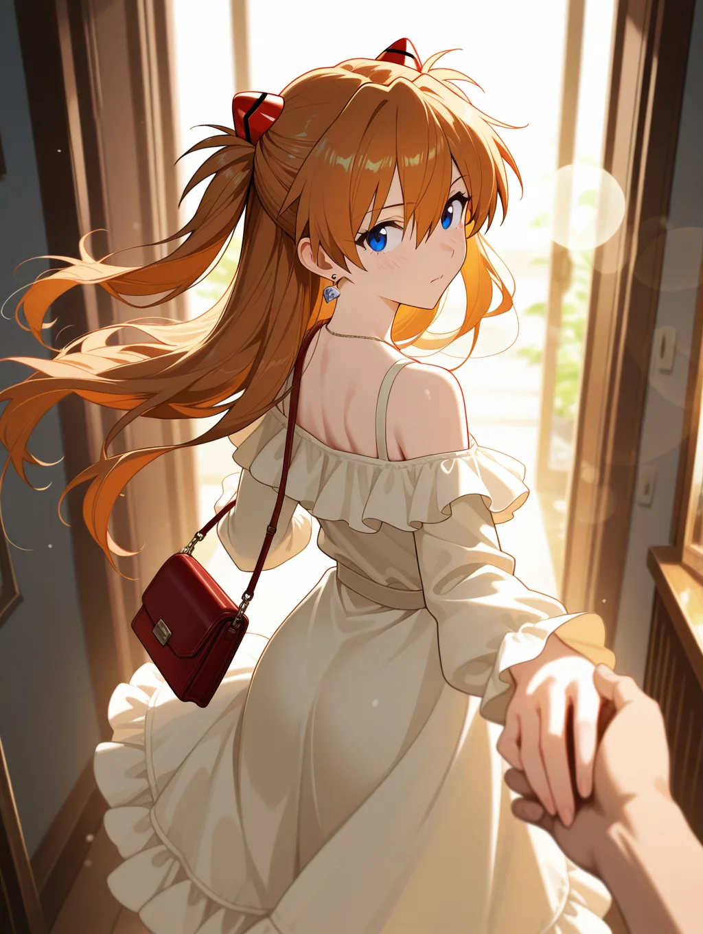 souryuu asuka langley,neon genesis evangelion
1girl,blue eyes,hair between eyes,long hair,orange hair,brown hair,two side up,
1girl,1 male,pov,looking back,looking at viewer,floating hair,floating clothes,pick you up,indoor,depth of field,dynamic angle,pov hand,holding hands,volume lighting,
(masterpiece), (best quality), (ultra-detailed), very aesthetic, perfect composition, intricate details, amazing quality, absurdres, highres, newest, HDR, 8K, chiaroscuro, intrinsic light, luster, shiny color, masterful shading, very awa, absolutely eye-catching, depth of field, diffuse glow, fantastic colors, ambient occlusion, ray tracing, sharp focus, ray tracing, vivid colors, high contrast, soft light, visual impact, lens flare, extreme aesthetic, insane interplay between lights and shadows, sensitive details, masterful details, sharp focus, visual impact, ultra-high resolution, perfect lighting, detailed eye area, soft yet dynamic lighting, stunning special effects,
off-shoulder dress,long sleeves,frilled dress,lace trimmed,handbag,necklace,earring,

