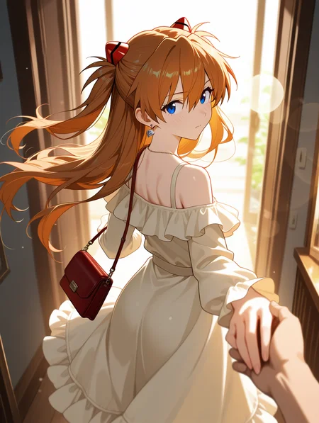 souryuu asuka langley,neon genesis evangelion
1girl,blue eyes,hair between eyes,long hair,orange hair,brown hair,two side up,
1girl,1 male,pov,looking back,looking at viewer,floating hair,floating clothes,pick you up,indoor,depth of field,dynamic angle,pov hand,holding hands,volume lighting,
(masterpiece), (best quality), (ultra-detailed), very aesthetic, perfect composition, intricate details, amazing quality, absurdres, highres, newest, HDR, 8K, chiaroscuro, intrinsic light, luster, shiny color, masterful shading, very awa, absolutely eye-catching, depth of field, diffuse glow, fantastic colors, ambient occlusion, ray tracing, sharp focus, ray tracing, vivid colors, high contrast, soft light, visual impact, lens flare, extreme aesthetic, insane interplay between lights and shadows, sensitive details, masterful details, sharp focus, visual impact, ultra-high resolution, perfect lighting, detailed eye area, soft yet dynamic lighting, stunning special effects,
off-shoulder dress,long sleeves,frilled dress,lace trimmed,handbag,necklace,earring,
