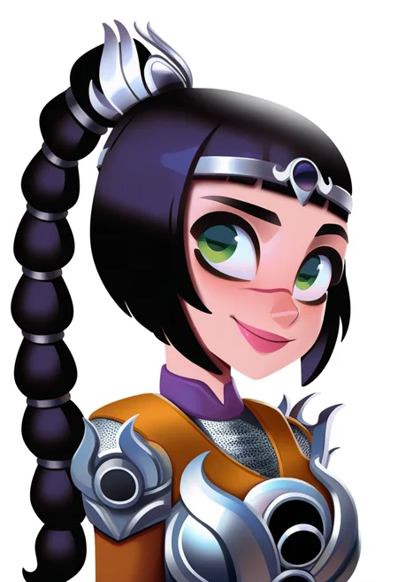 best quality, amazing quality, very aesthetic, absurdres,
BREAK
1girl, solo, shadowheart, black hair, braided ponytail, green eyes, scar on face, circlet, armor, large breasts,
smile, looking at viewer, upper body, simple background, white background, <lora:ShadowHeartIllustrious_byKonan:1>,  <lora:TomacoSunderlandNoobLocon_byKonan:1>