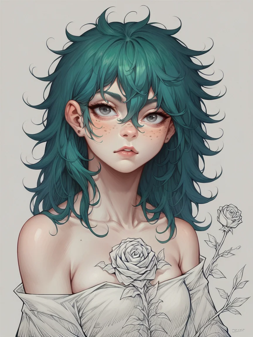 score_9, score_8_up, score_7_up, score_6_up, score_5_up, score_4_up, <lora:blu3p4rtXLP2:0.6> blu3p4rt, goth, pale skin, long green hair, messy hair, roses