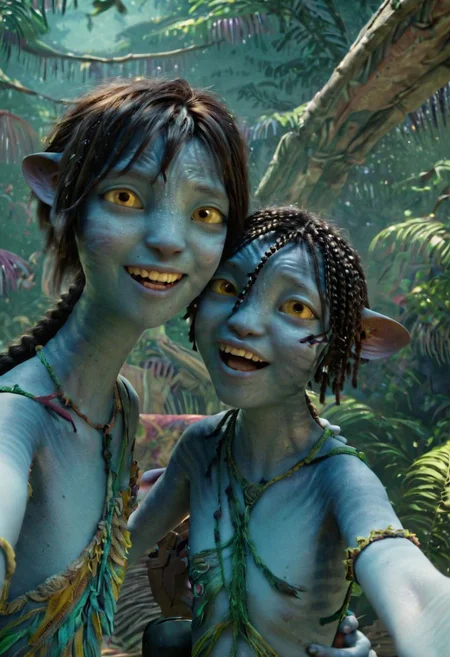 (Kiri) is (taking selfie) with hugging (Tuk), closeup, detailed faces, happy playful smiles, [big eyes wide open], in a woods, (((two different))) girls, (((age difference))), jungle all around, SK_CINEMATIC