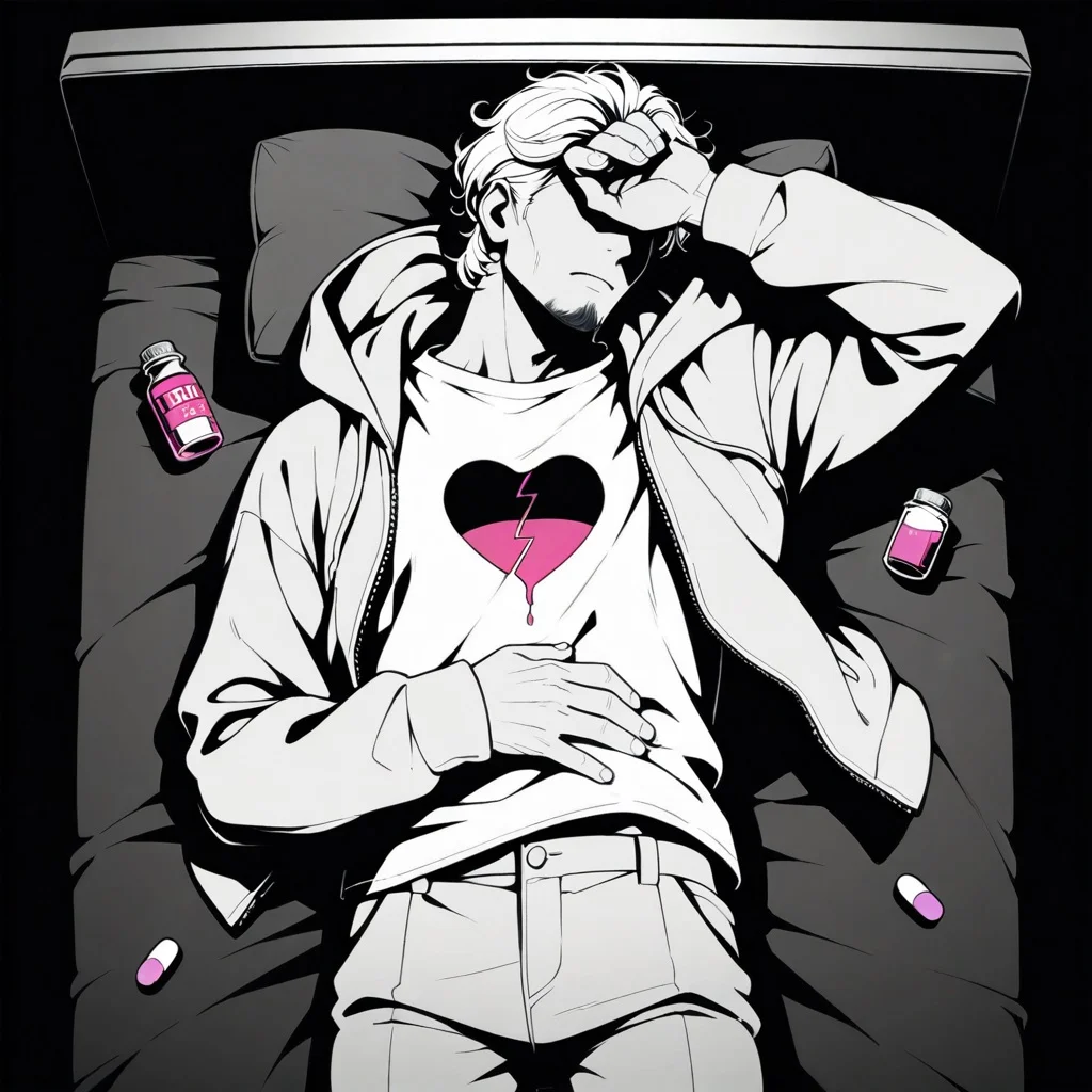 masterpiece,best quality,amazing quality, high contrast, monochrome, greyscale, spot color, 1boy, solo, mature male, short hair, curly hair, goatee, no eyes, lying, on bed, open hoodie, shirt, pants, hand on own forehead, hand on own stomach, sad, one pill bottle, pink pill, broken heart print, print shirt, from above, cowboy shot, vignetting, black background