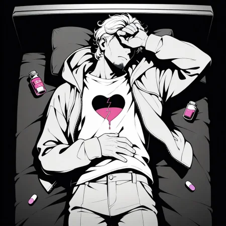 masterpiece,best quality,amazing quality, high contrast, monochrome, greyscale, spot color, 1boy, solo, mature male, short hair, curly hair, goatee, no eyes, lying, on bed, open hoodie, shirt, pants, hand on own forehead, hand on own stomach, sad, one pill bottle, pink pill, broken heart print, print shirt, from above, cowboy shot, vignetting, black background